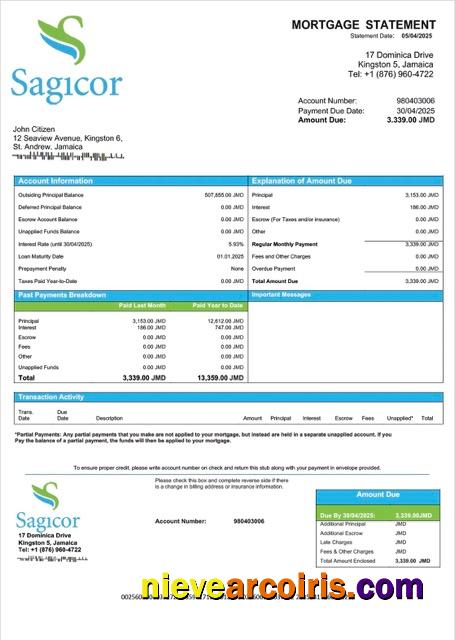 Jamaica Sagicor Bank Jamaica Limited mortgage statement Word and PDF template